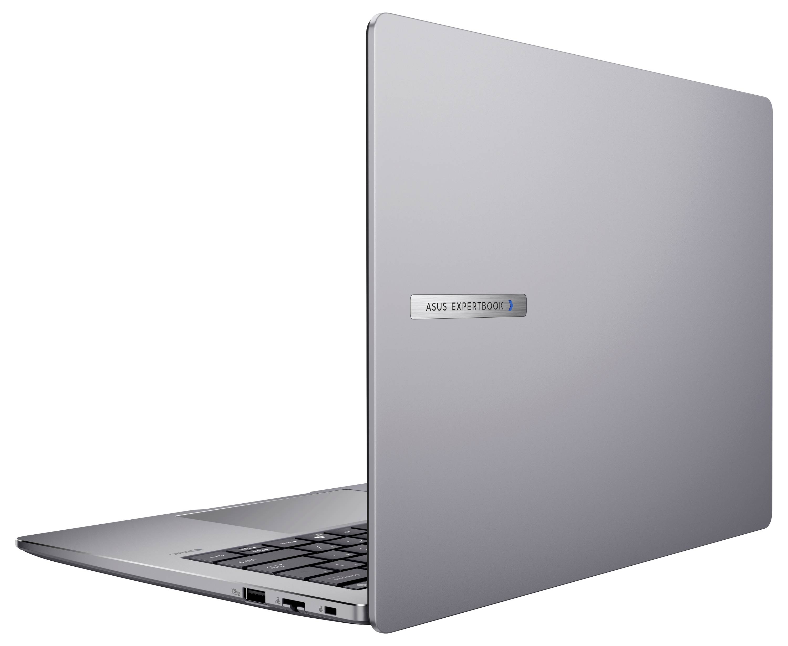Silberner Laptop von hinten mit ASUS ExpertBook-Logo; der Bildschirm ist leicht geöffnet und gibt einen Teil der Tastatur frei.