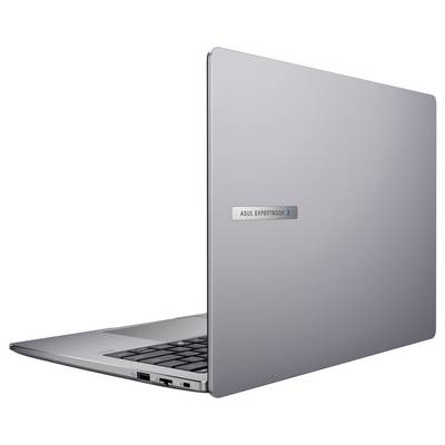 Silberner Laptop von hinten mit ASUS ExpertBook-Logo; der Bildschirm ist leicht geöffnet und gibt einen Teil der Tastatur frei.