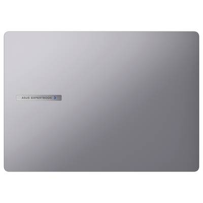 Ein silberner zugeklappter Laptop mit der Aufschrift „ASUS EXPERTBOOK" auf dem Deckel. Die Oberfläche ist glatt und metallisch.