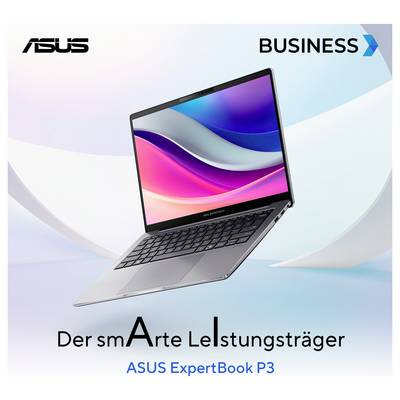 'ASUS ExpertBook P3' Laptop mit offenem Display, zeigt lebendige Grafiken. Text: 'Der smArte Leistungsträger'. Markenlogos von ASUS und BUSINESS.
