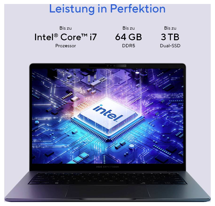 Ein Laptop mit leuchtendem Intel-Chip auf dem Bildschirm. Text: 'Leistung in Perfektion'. Spezifikationen: Intel Core i7, bis zu 64 GB DDR5, 3 TB Dual-SSD.
