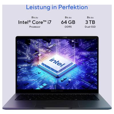 Ein Laptop mit leuchtendem Intel-Chip auf dem Bildschirm. Text: 'Leistung in Perfektion'. Spezifikationen: Intel Core i7, bis zu 64 GB DDR5, 3 TB Dual-SSD.