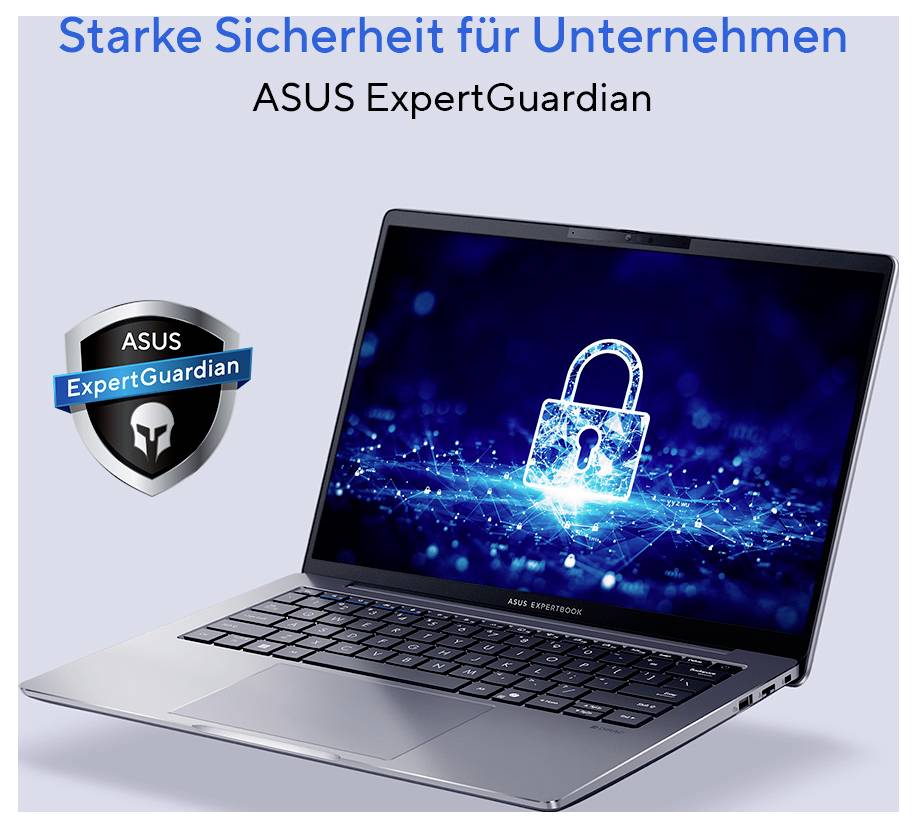 Ein Laptop mit einem Bild eines digitalen Schlosses auf dem Bildschirm. Text oben: 'Starke Sicherheit für Unternehmen ASUS ExpertGuardian'.