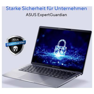 Ein Laptop mit einem Bild eines digitalen Schlosses auf dem Bildschirm. Text oben: 'Starke Sicherheit für Unternehmen ASUS ExpertGuardian'.