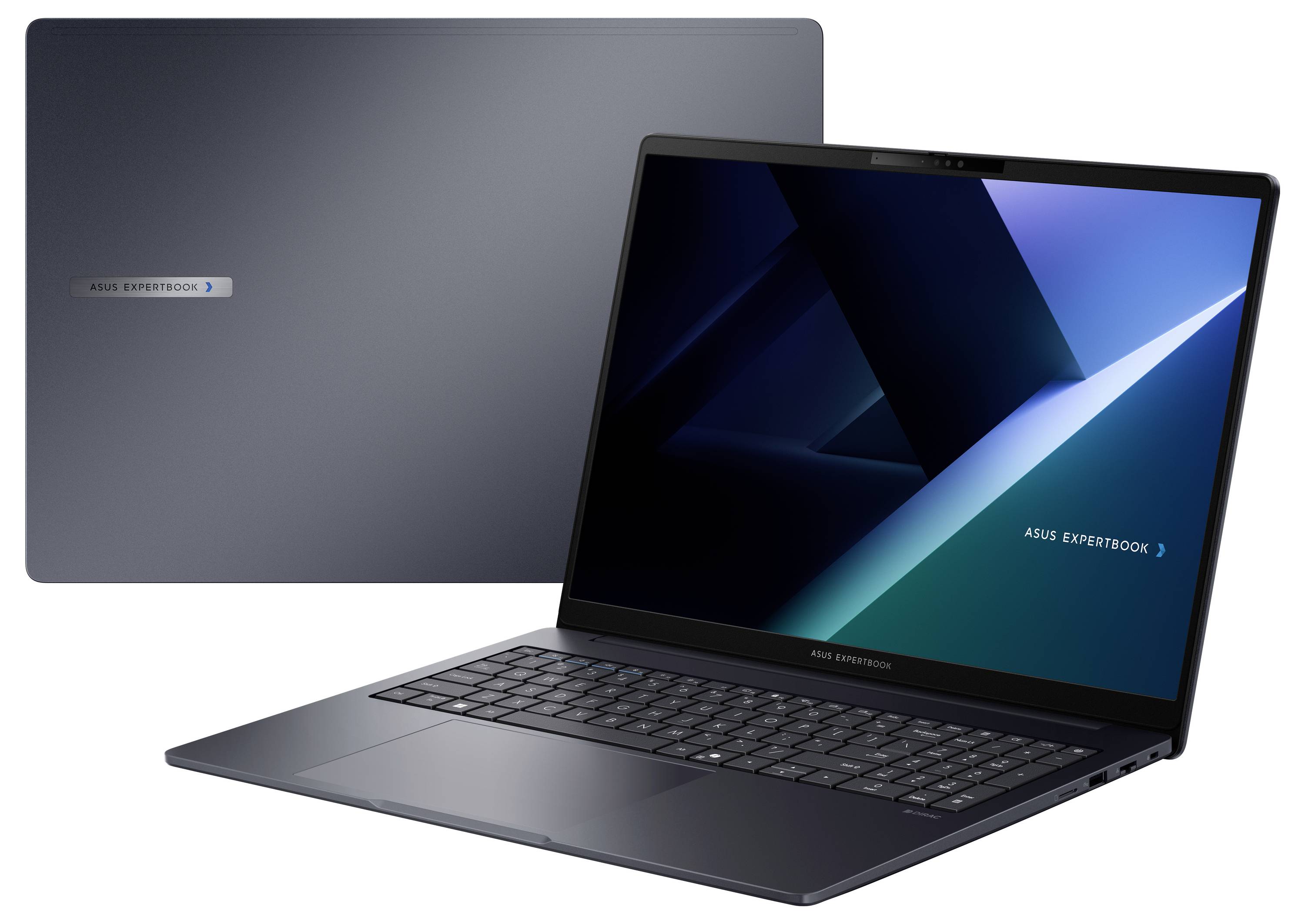 Ein eleganter Laptop mit leuchtend hellem Bildschirm, auf dem 'ASUS ExpertBook' angezeigt wird, daneben eine geschlossene Ansicht mit dem Markenlogo.