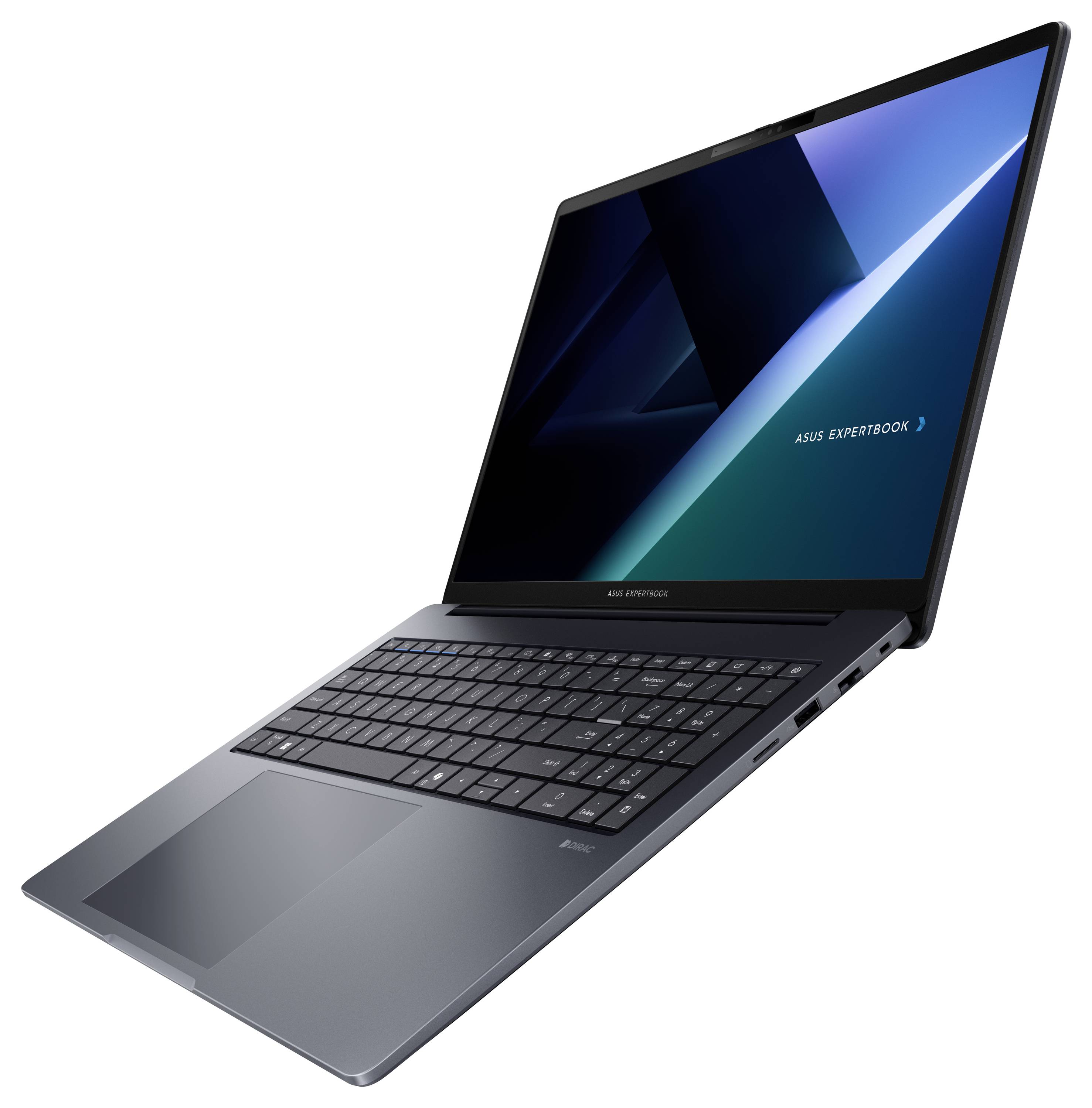 "ASUS ExpertBook"-Laptop geöffnet, zeigt Tastatur und Bildschirm mit blauem geometrischen Design.