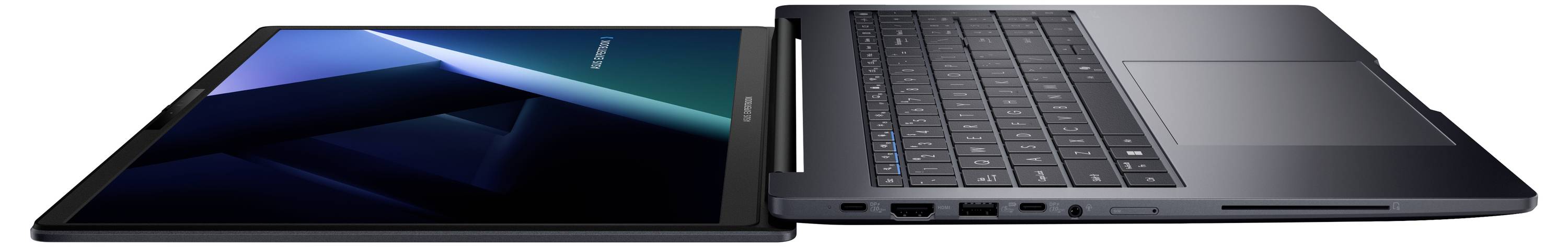 Ein Convertible-Laptop, der teilweise geöffnet ist und eine Tastatur sowie einen Touchscreen im Tablet-Modus zeigt.