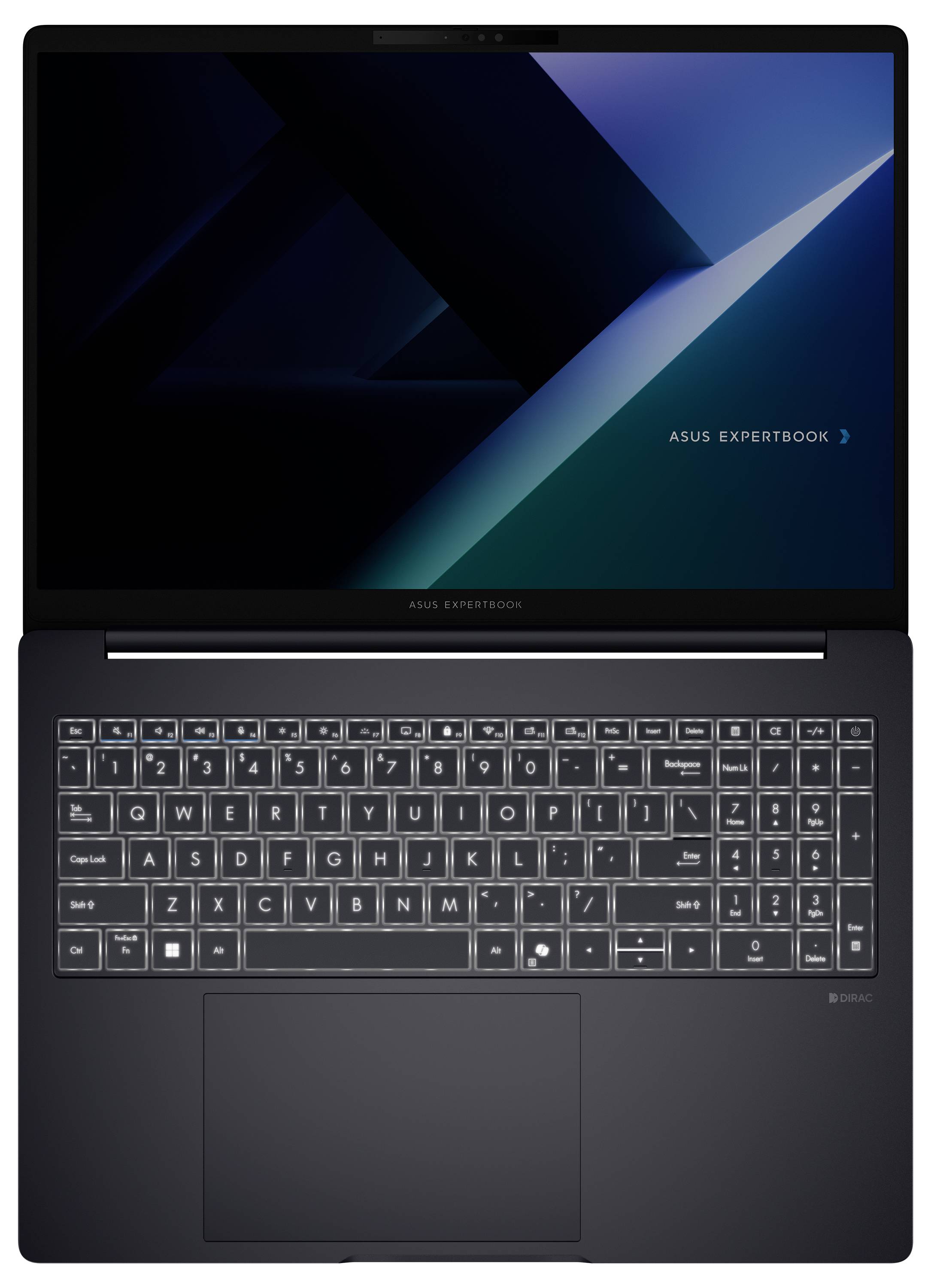 Ein elegantes, dunkel gefärbtes Laptop mit beleuchteter Tastatur und einem Bildschirm, der eine geometrische Tapete anzeigt. Die Marke „ASUS ExpertBook" ist sichtbar.