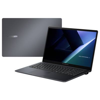Ein geschlossener Laptop mit einer eleganten, matter schwarzer Oberfläche, auf dem das Logo "ASUS ExpertBook" in der Ecke angebracht ist.