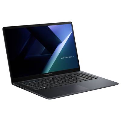 Ein Laptop mit schlankem Design, aufgeklappt, um einen Bildschirm zu zeigen, der ein abstraktes blaues und dunkles geometrisches Muster mit dem Text „ASUS ExpertBook" anzeigt.