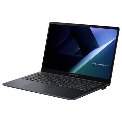 Ein schwarzer Laptop mit schlankem Design und dünnem Rahmen. Der Bildschirm zeigt einen dunkelblau geometrischen Hintergrund mit dem Text „ASUS ExpertBook".