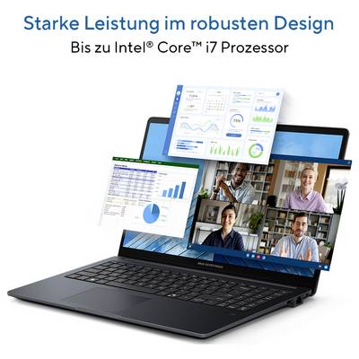 Laptop mit geöffnetem Bildschirm zeigt Diagramme und Videokonferenz. Text: 'Starke Leistung im robusten Design. Bis zu Intel® Core™ i7 Prozessor'.
