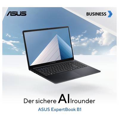 Ein ASUS ExpertBook B1 Laptop vor einem Himmelshintergrund mit Wolken. Text 'Der sichere Allrounder' hebt die Vielseitigkeit hervor.