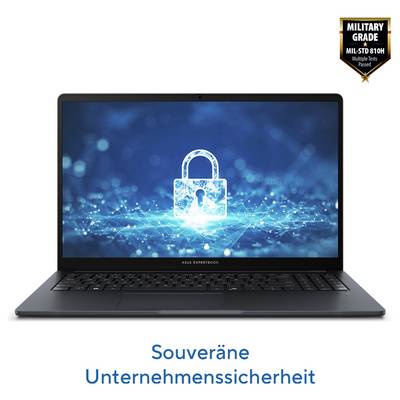 Ein schwarzer Laptop mit einem Bildschirmschoner zeigt ein Schloss-Symbol auf einem digitalen Hintergrund. Text darunter: 'Souveräne Unternehmenssicherheit'.