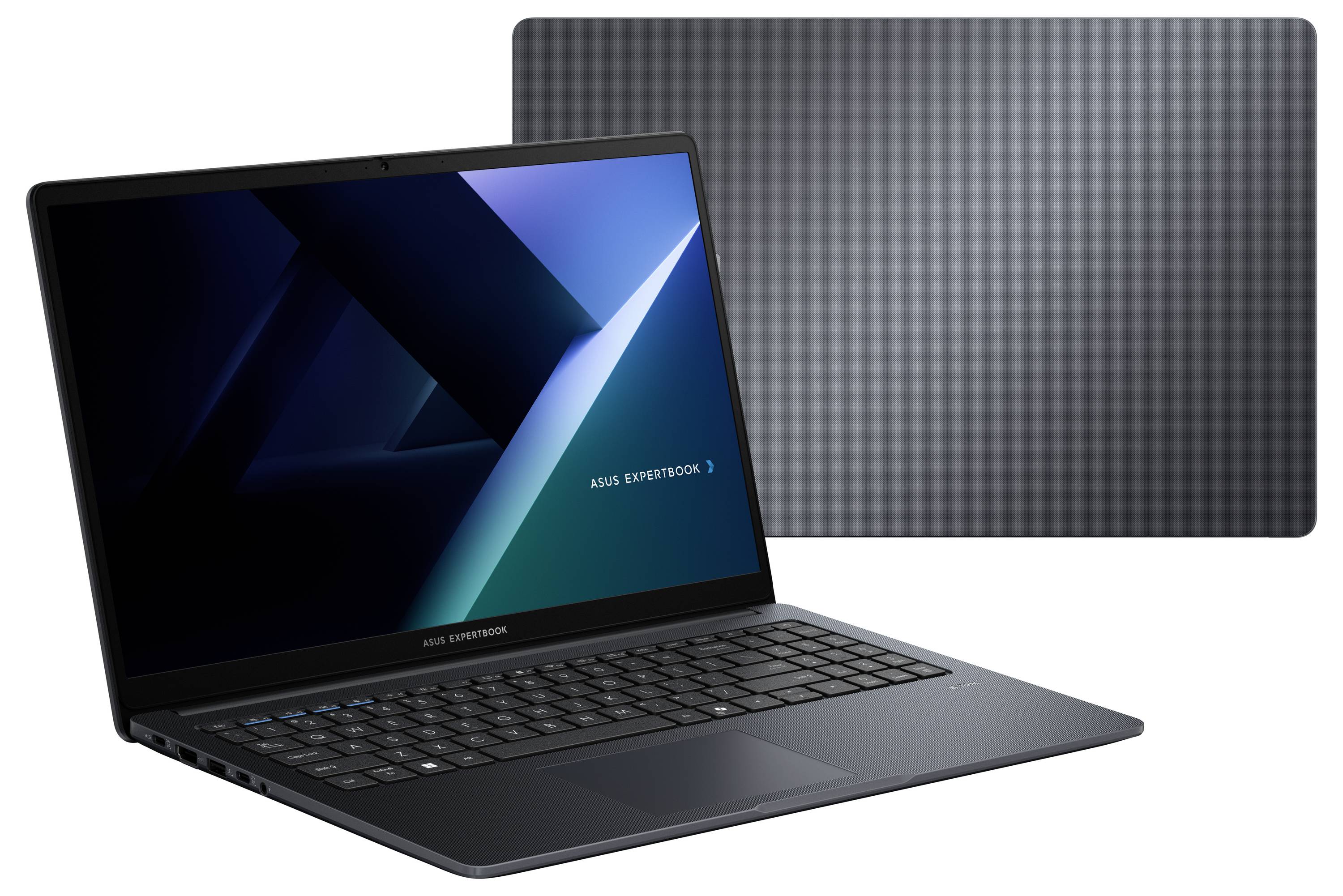 Ein eleganter, offener Laptop mit dunklem Farbschema wird angezeigt und zeigt geometrische Formen und den Text „ASUS ExpertBook" auf dem Bildschirm.