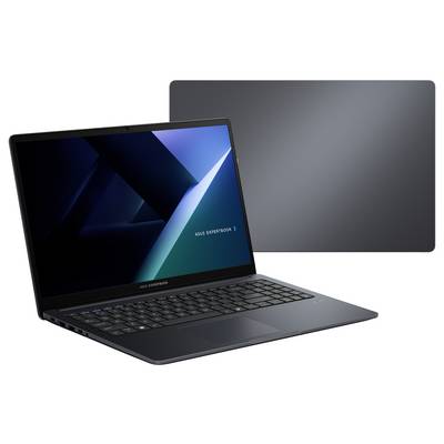 Ein eleganter, offener Laptop mit dunklem Farbschema wird angezeigt und zeigt geometrische Formen und den Text „ASUS ExpertBook" auf dem Bildschirm.