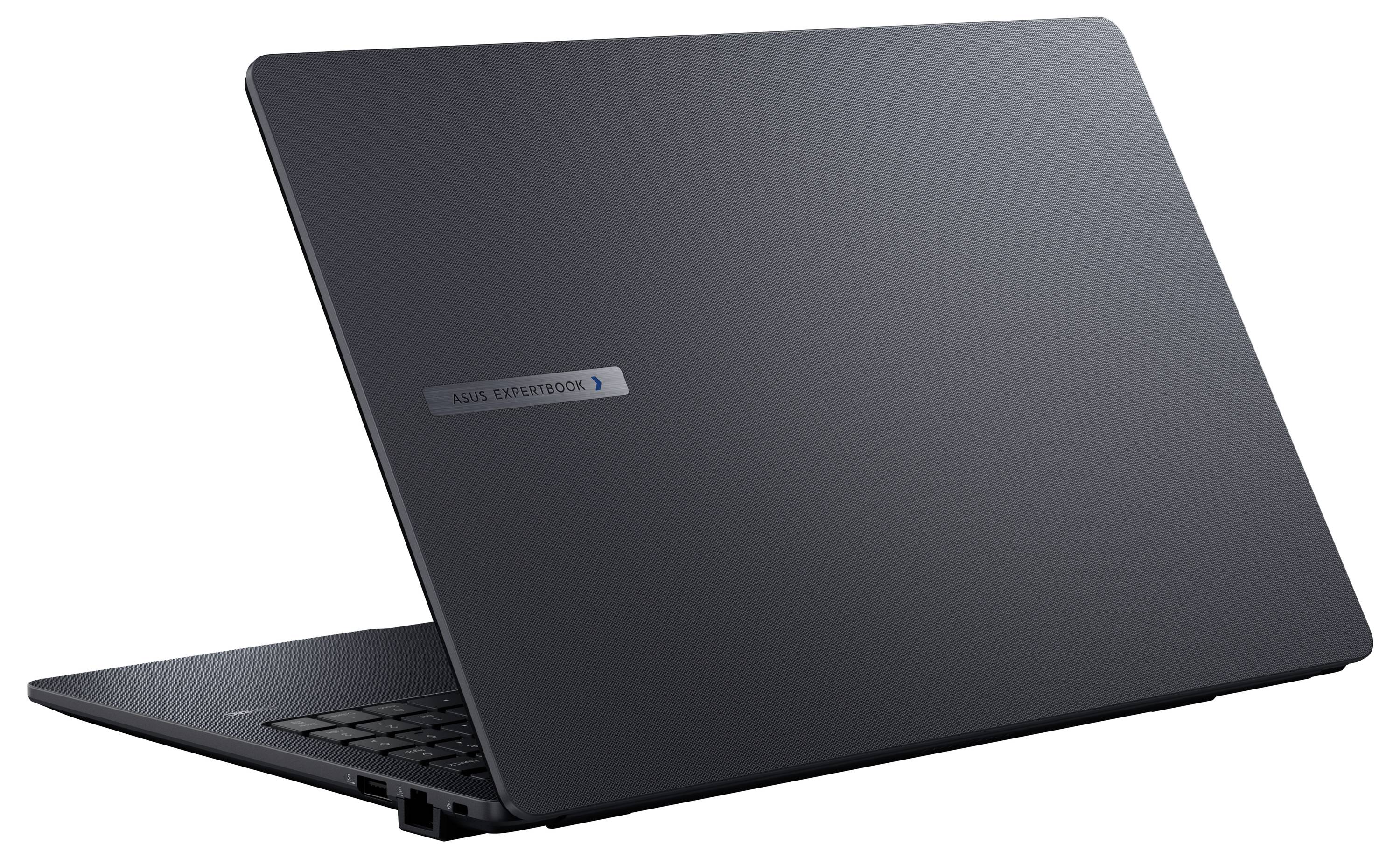 Ein eleganter, teilweise offener Laptop mit einem ASUS ExpertBook-Logo auf seinem Deckel, was auf einen Fokus auf geschäftliche oder professionelle Nutzung hindeutet.