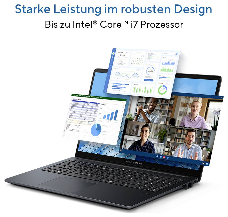 Ein schwarzer Laptop mit geöffnetem Display zeigt ein Videoanruf mit vier Personen und Diagrammen. Text: 'Starke Leistung im robusten Design'.
