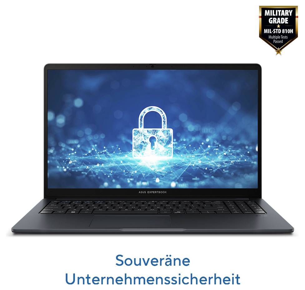Ein Laptop mit einem Bild eines Schlosses auf dem Bildschirm, symbolisierend Unternehmenssicherheit. Oben rechts ein "Military Grade"-Zertifikat.