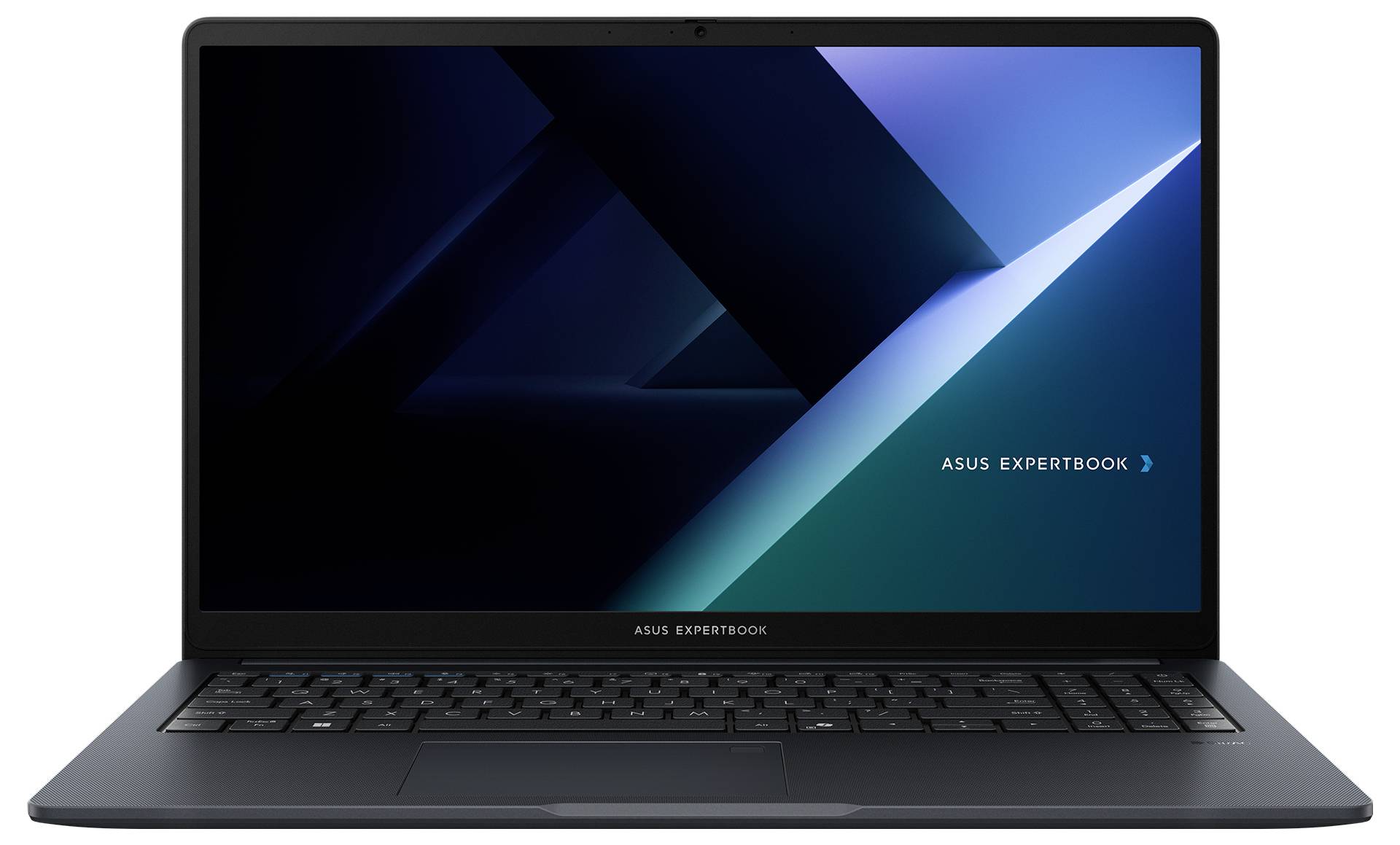 Ein Laptop mit schlankem Design und einem Bildschirm, der einen blauen, geometrischen Hintergrund mit dem Text "ASUS ExpertBook" anzeigt.
