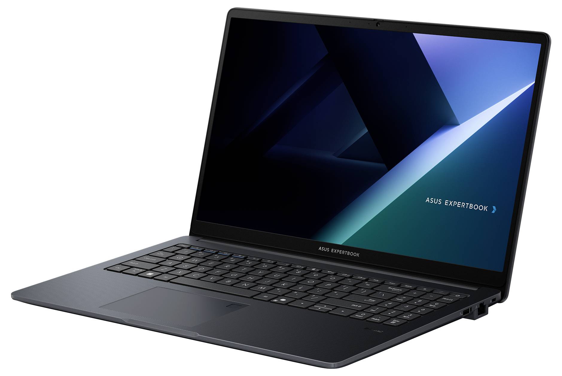 Ein schlanker schwarzer Laptop mit Bildschirm, auf dem der Modellname "ASUS ExpertBook" angezeigt wird. Der Laptop ist geöffnet und zeigt eine vollständige Tastatur und ein Touchpad.