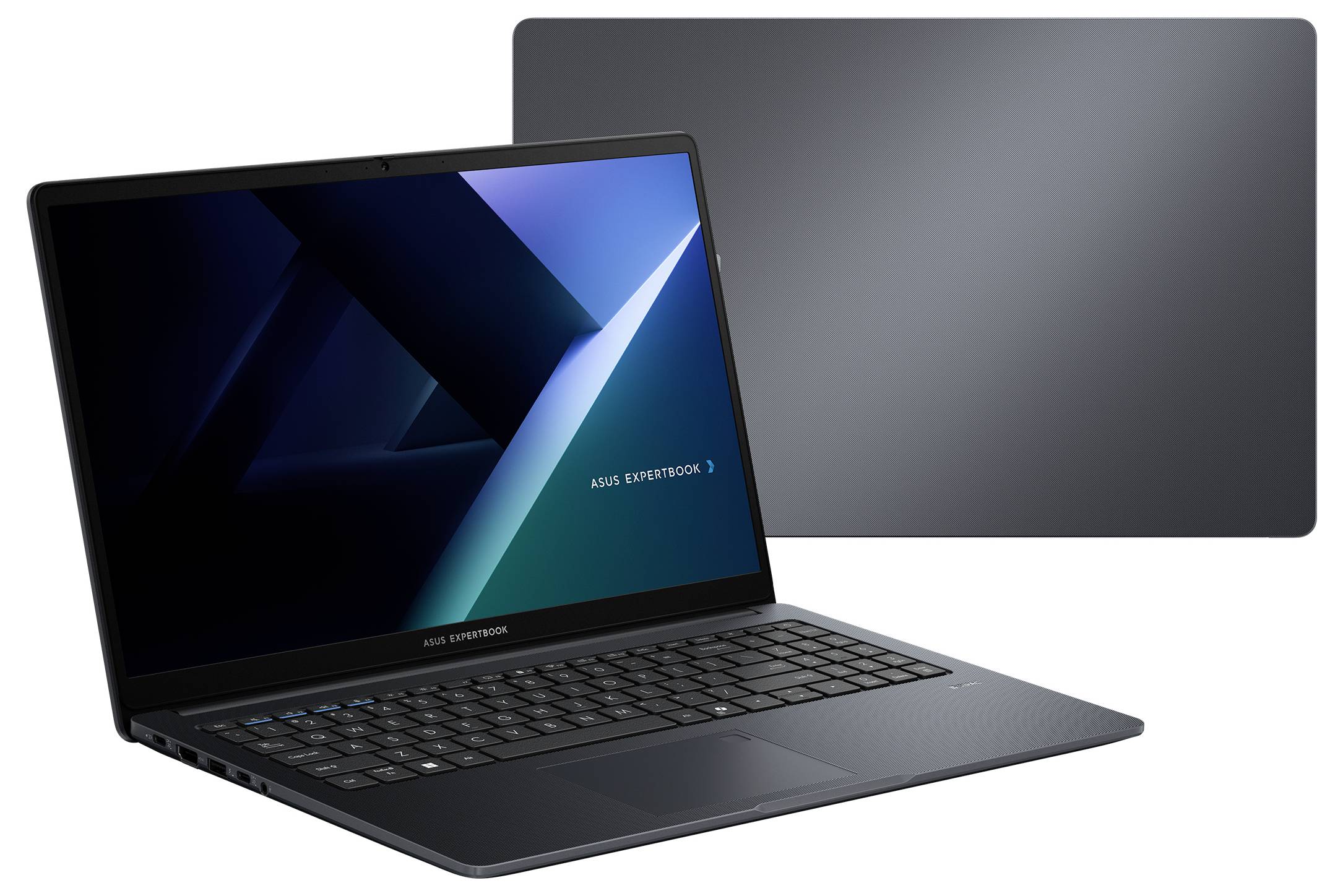 Laptop mit leuchtend blauem Bildschirm offen, sichtbare Tastatur; der hinter dem Gerät positionierte Deckel zeigt die Markenbezeichnung „ASUS ExpertBook".