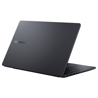 Ein geschlossener schwarzer Laptop mit schlankem Design und sichtbarem Markenlogo auf dem Deckel.