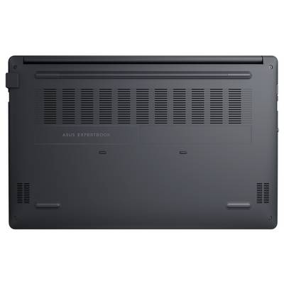 Unteransicht eines Laptops mit Belüftungsgittern und einem Etikett mit der Aufschrift „ASUS ExpertBook", das Marke und Modell angibt.