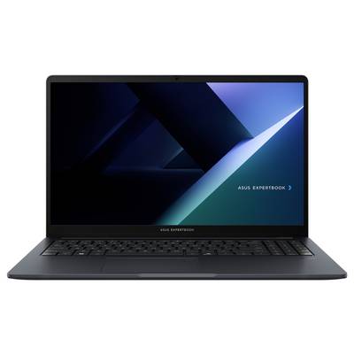 Ein moderner Laptop mit dunklem und elegantem Design, das einen Bildschirmhintergrund mit geometrischen Formen und dem Text „ASUS ExpertBook" anzeigt.