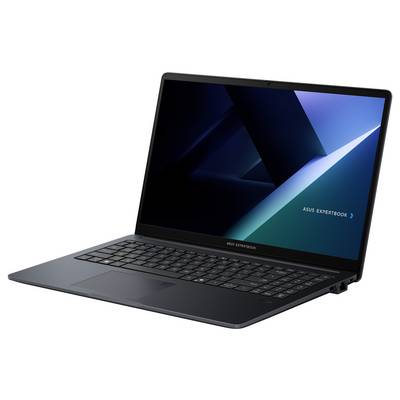 Ein eleganter offener Laptop mit dunklem Bildschirm und diagonalen Lichtstrahlen, mit dem Text 'Asus ExpertBook' auf der rechten Seite.