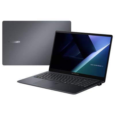 Laptop mit "ASUS ExpertBook" auf dem Bildschirm neben geschlossenem Deckel, auf dem das ASUS-Logo zu sehen ist.