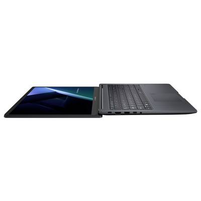 Ein teilweise geöffneter Laptop mit elegantem, modernem Design, der seinen Bildschirm und die Tastatur zeigt. Der Laptop verfügt über verschiedene Anschlüsse an der Seite.