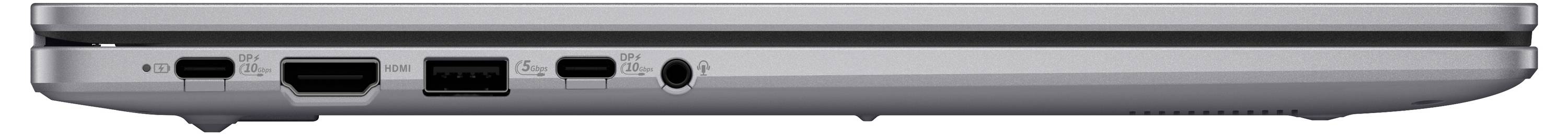 Ein Laptop von der Seite betrachtet, der verschiedene Anschlüsse zeigt, einschließlich USB, HDMI und Audiobuchse auf einem silbergrauen Gehäuse.