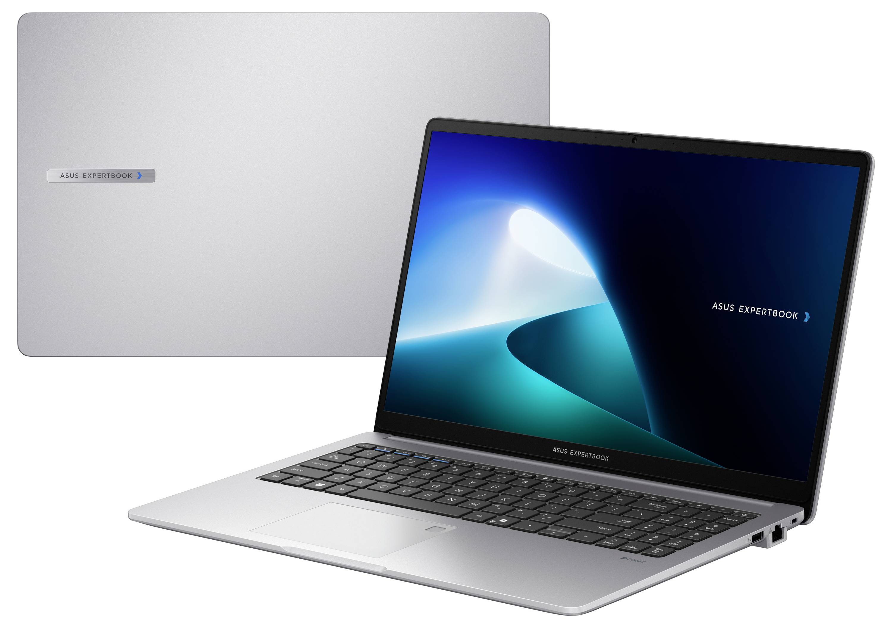 Offenes ASUS ExpertBook Laptop mit blauem und weißem Desktop-Bildschirm, daneben eine Ansicht des geschlossenen Laptops, die sein silbernes Äußeres zeigt.