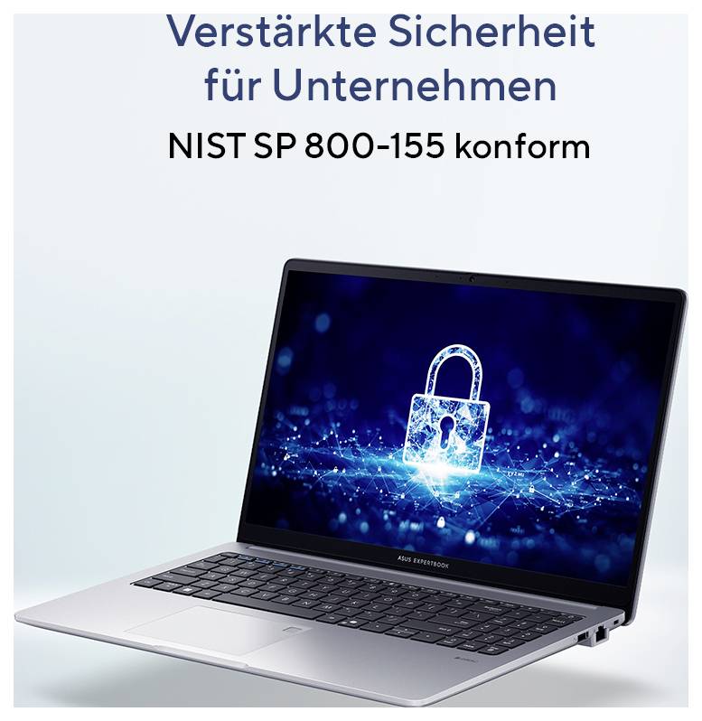 Verstärkte Sicherheit für Unternehmen. Bild zeigt Laptop mit Schloss-Symbol auf dem Bildschirm, Hinweis auf NIST SP 800-155 Konformität.
