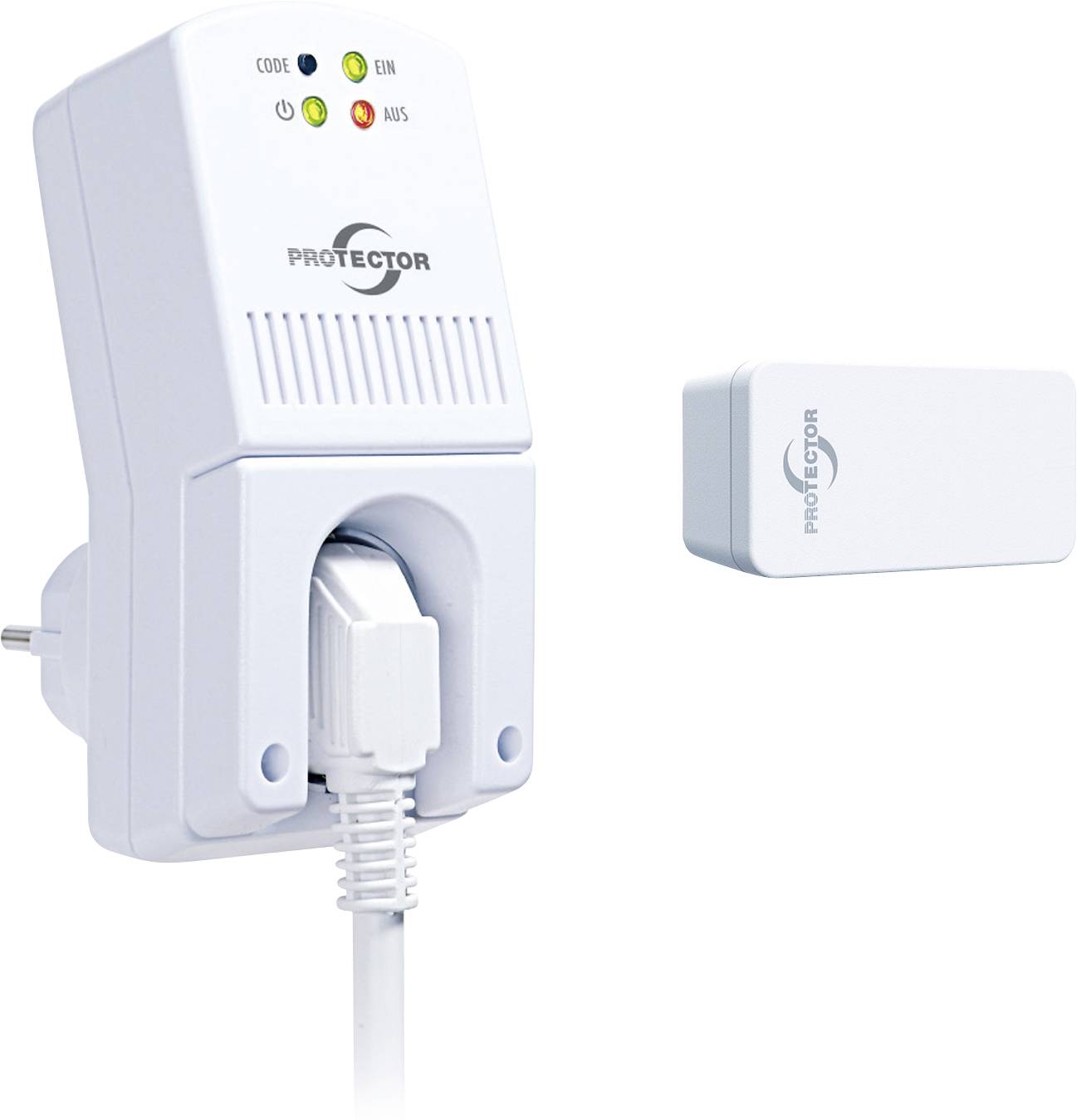 Ein weißes "Protector"-Stecker-Gerät mit Statusleuchten ist an eine Steckdose angeschlossen. Eine separate kleinere Einheit mit der gleichen Markenbezeichnung wird in der Nähe angezeigt.