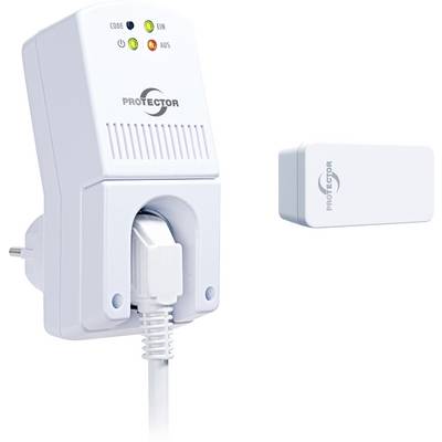 Ein weißes "Protector"-Stecker-Gerät mit Statusleuchten ist an eine Steckdose angeschlossen. Eine separate kleinere Einheit mit der gleichen Markenbezeichnung wird in der Nähe angezeigt.
