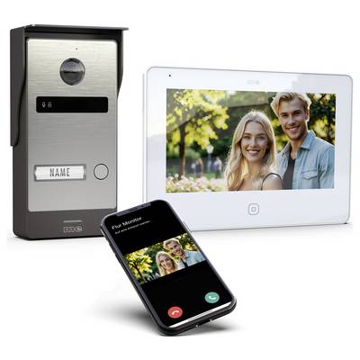 'Videosprechanlage mit einem lächelnden Paar auf einem Bildschirm, ein Smartphone mit einem eingehenden Anruf und ihrem Foto sowie eine Türklingelkamera mit Platz für ein Namensschildchen.'