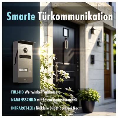 „Smart-Türkommunikations"-System neben einer modernen Haustür mit Weitwinkel-HD-Kamera, beleuchtetem Namensschild und Nachtsicht-LEDs.