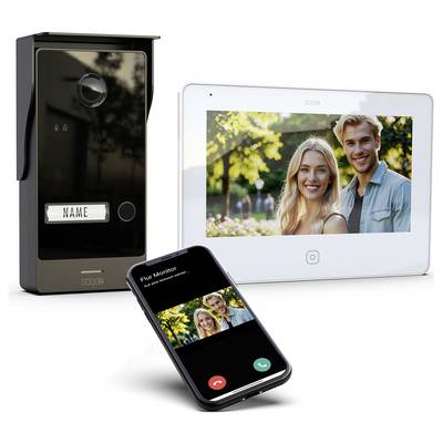 Ein Heimsprechanlage-System mit einer Außenkamera, einem Indoor-Touchscreen-Display, das lächelnde Besucher zeigt, und einer mobilen Telefonschnittstelle.