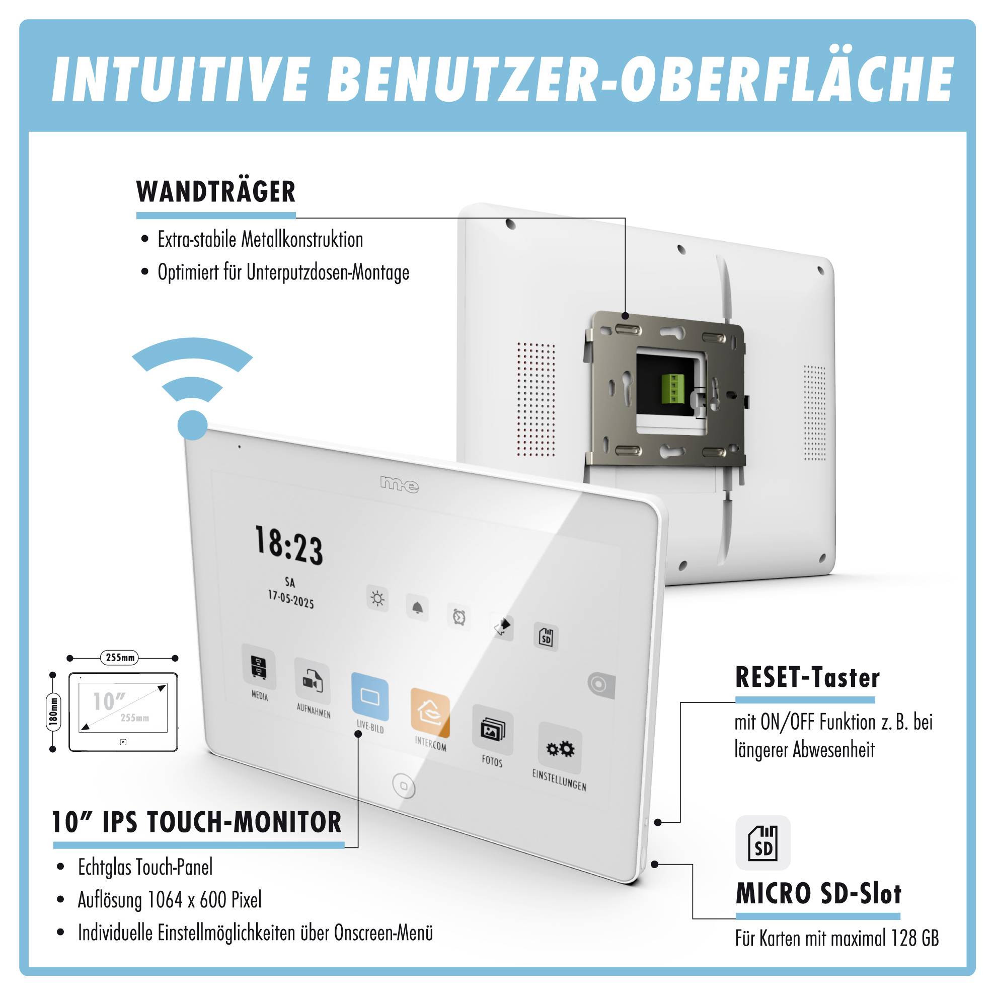 Das Bild zeigt eine digitale Schnittstellenproduktanzeige mit einem "10" IPS Touch-Monitor", der Uhrzeit und Symbole anzeigt und seine intuitive Benutzeroberfläche sowie Funktionen wie "RESET-Taster" und "MICRO SD-Slot" hervorhebt.
