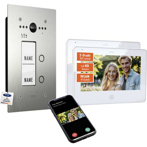 m-e modern-electronics ALL-VF20S-M7W-IPS Video-Türsprechanlage WLAN, 2-Draht Edelstahl (gebürstet), Weiß