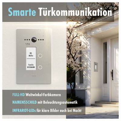 „Smart Door Communication"-System an einer Wand neben einer Tür mit einer Ultra-Weitwinkel-HD-Kamera, beleuchtetem Namensschild und Infrarot-LEDs.
