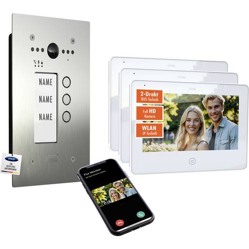 m-e modern-electronics ALL-VF30S-M7W-IPS Video-Türsprechanlage WLAN, 2-Draht Edelstahl (gebürstet), Weiß