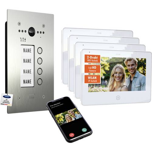 m-e modern-electronics ALL-VF40S-M7W-IPS Video-Türsprechanlage WLAN, 2-Draht Edelstahl (gebürstet), Weiß