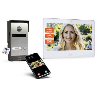 Videotürsprechanglage mit Außenkamera, Innenbildschirm und Smartphone-Schnittstelle. Zu den Funktionen gehören HD-Kamera und WLAN-Fähigkeit.