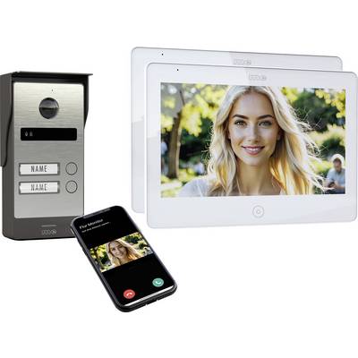"ME"-Videosprechanlagen mit Außenpanel und Innenmonitoren; ein Smartphone zeigt einen Videoanruf mit einer lächelnden Frau.