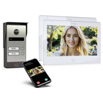 Ein Videosprechanlage-System, das eine Frau auf zwei Monitoren anzeigt und eine Smartphone-Schnittstelle mit Anrufoptionen.