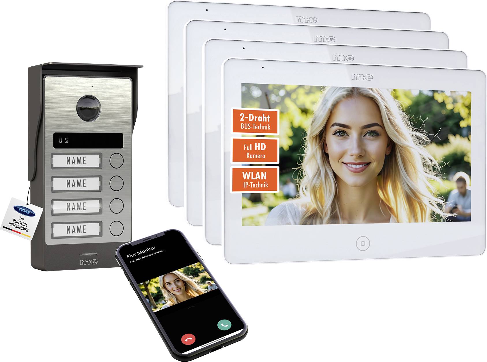 m-e modern-electronics ALL-V40S-M10W-IPS Video-Türsprechanlage 2-Draht 2-Drahtübertrager Edelstahl, Weiß