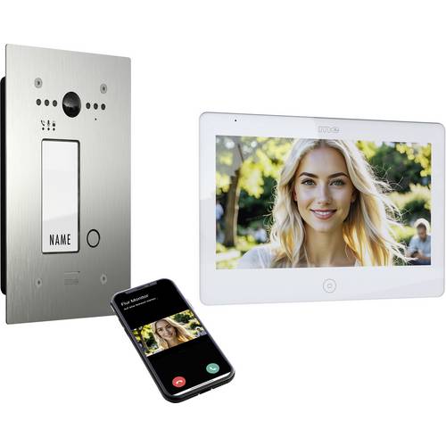 m-e modern-electronics ALL-VF10S-M10W-IPS Video-Türsprechanlage 2-Draht 2-Drahtübertrager Edelstahl, Weiß